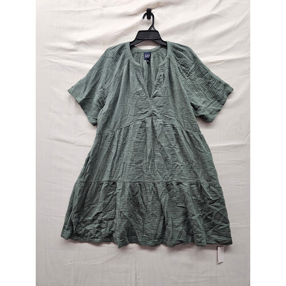 Gap Womens Gauze Tiered Short Sleeve Mini Dress Green Cotton Casual Size XL